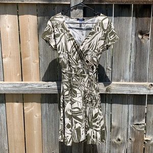 Chaps brand, size XL tan & green print wrap dress